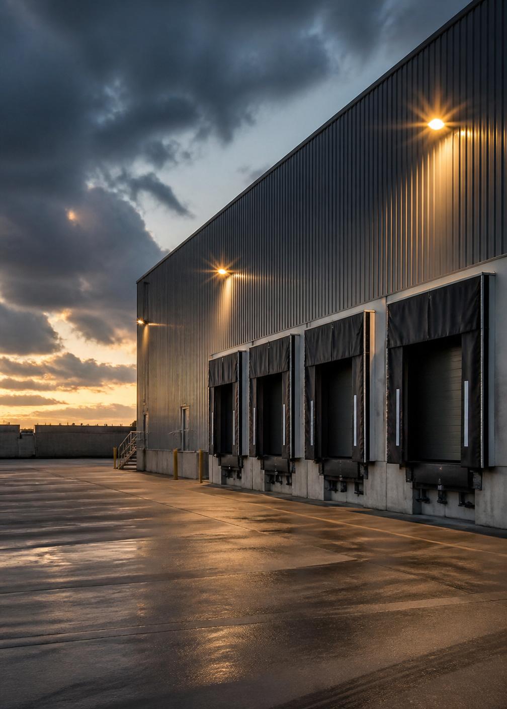 Bodega industrial con andenes de carga al atardecer