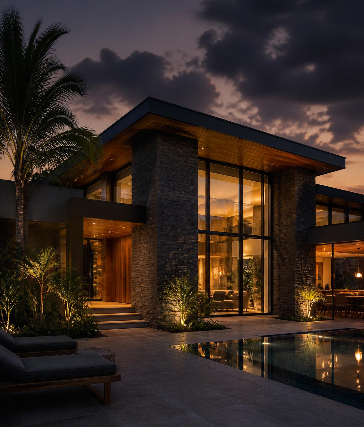 Residencia contemporánea de alto valor iluminada al anochecer